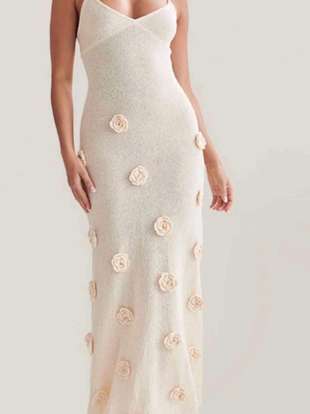 Boho Knit Maxi Halter Neckline Dress Delicate 3D Flower Appliqués